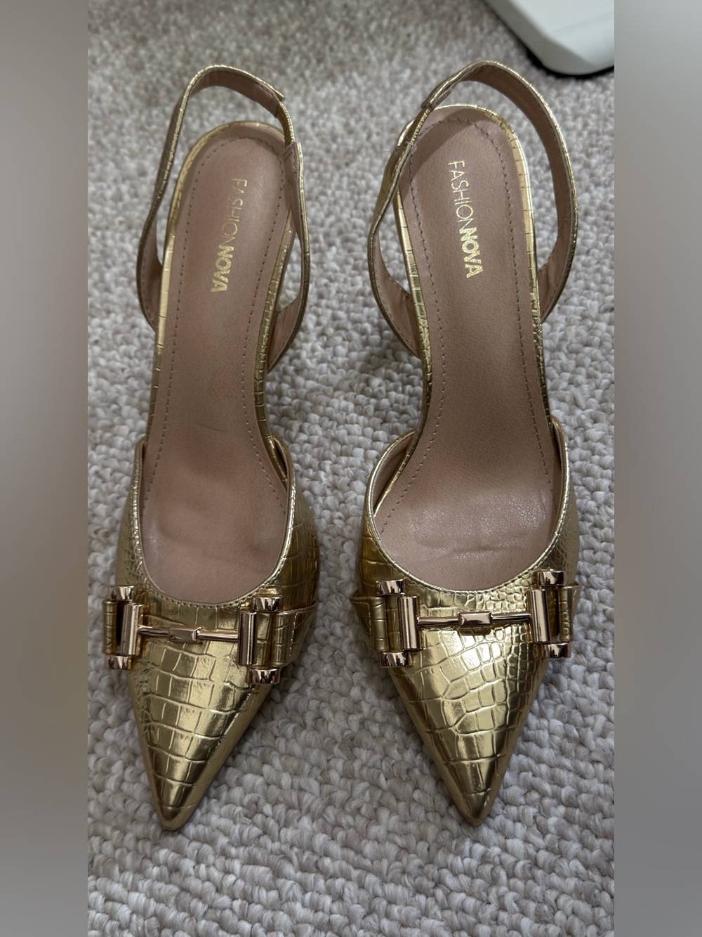 Fashion Nova Metallic Gold Croc-Embossed Pointed Slingback Heels - Picture 3 of 4